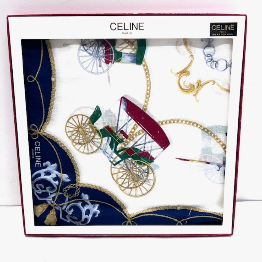 New GreatGift Celine Paris Mini Scarf 19" Cotton Carriage blue white logo( 54) - Picture 8 of 8